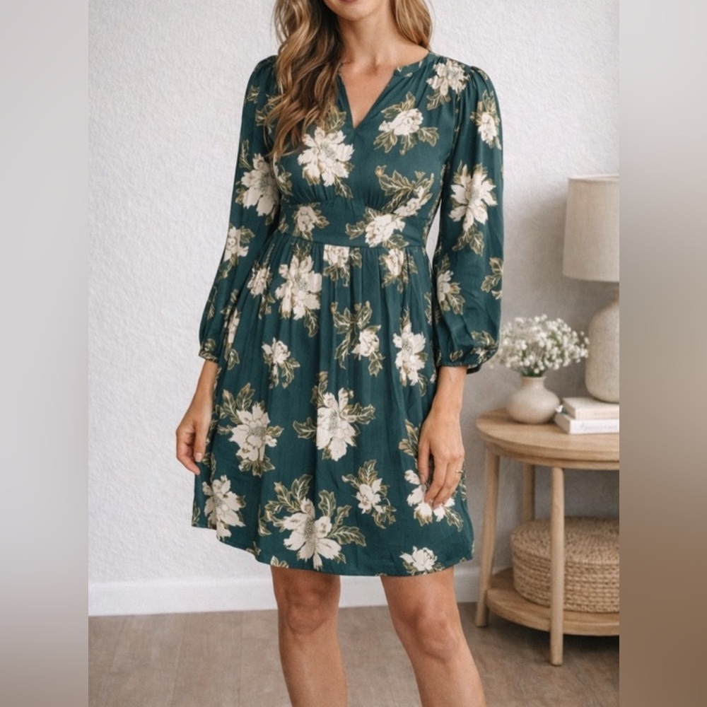 LOFT Teal Green Floral Long-Sleeve Dress